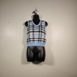 NO BO NO BOUNDARIES Sweater Vest Juniors M White Blue Plaid Preppy Academia Cozy
